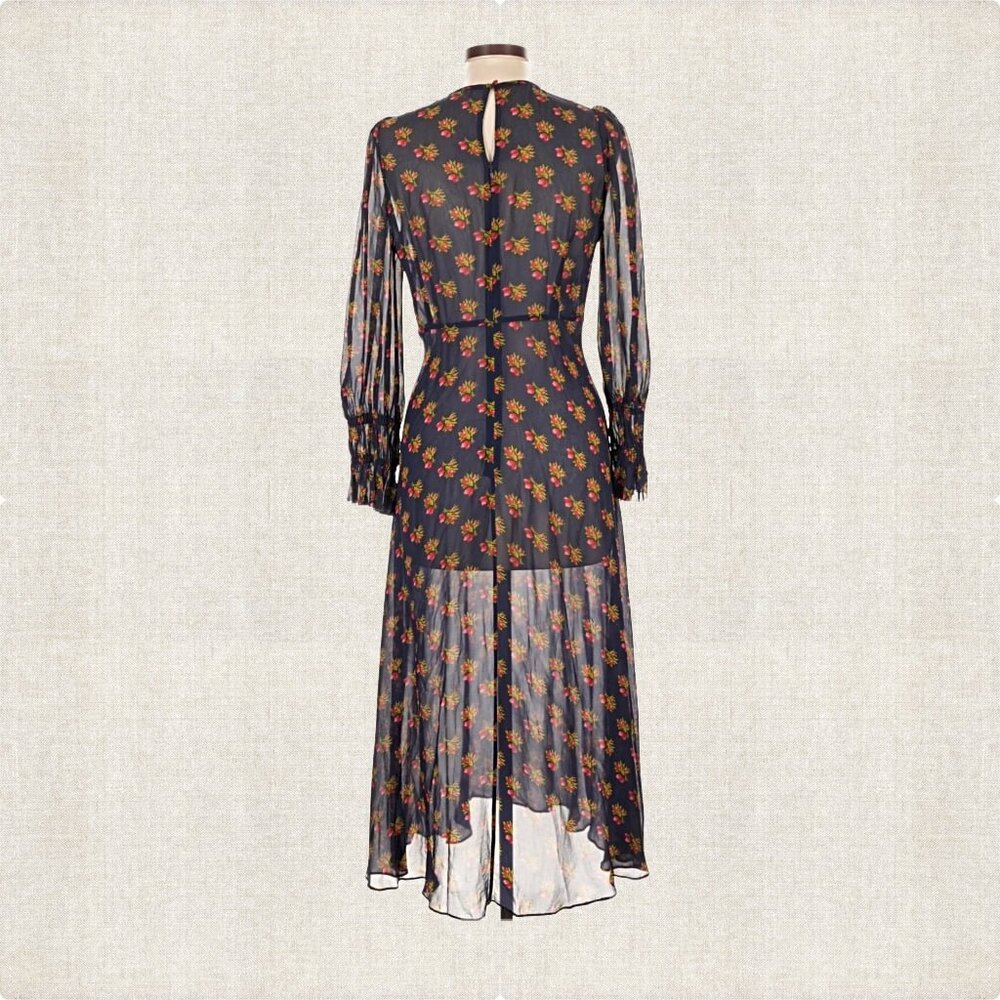 LK BENNETT Wren Blu-navy Multi Crewneck Floral-print Woven Midi Dress Sz 8 - Picture 5 of 8